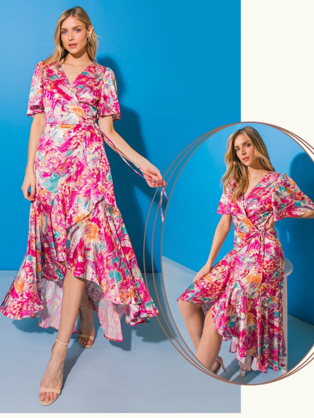 Flying Tomato Pink Floral High-Low Wrap Dress